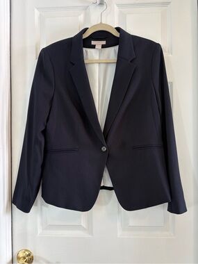 H & M NAVY BLUE BLAZER SZ L SPOTLESS WHITE LINNG, EXCELLENT PREOWNED NO FLAWS